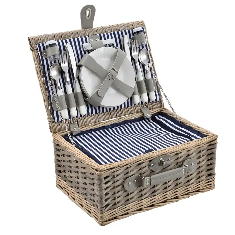[casa.pro] Cesta de pícnic para 4 personas con nevera, cubiertos, platos, vasos - blanca / azul