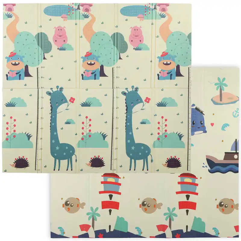 AIYAPLAY Alfombra Bebé Acolchada Plegable Reversible 196x176x1,5 cm Diseño de Ciervos y Ballenas Tapete de Actividades Bebé XPE Doble Cara Impermeable Multicolor - Textil