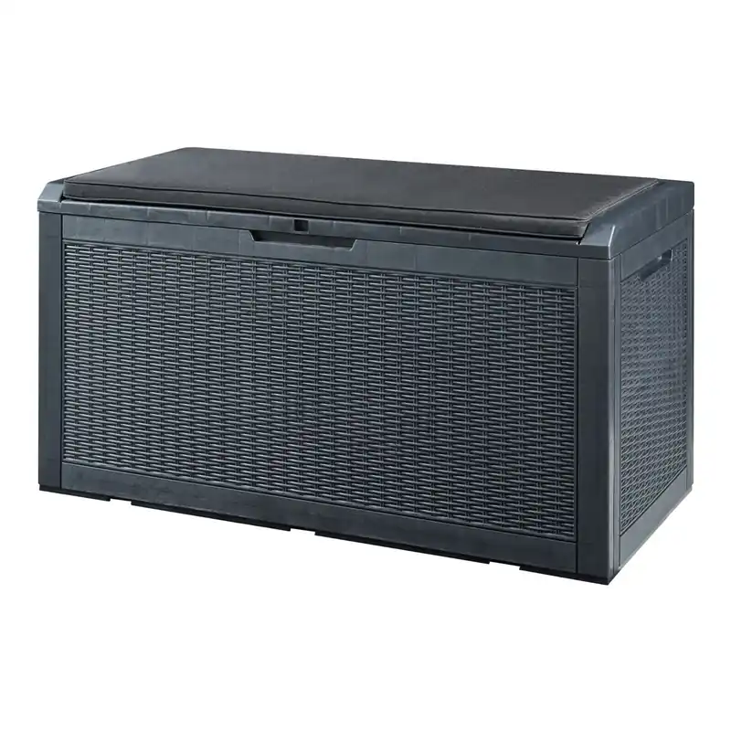 Arcón de 380 L para exteriores Atella con cojín 122x55x65 cm - Efecto ratán negro [casa.pro]