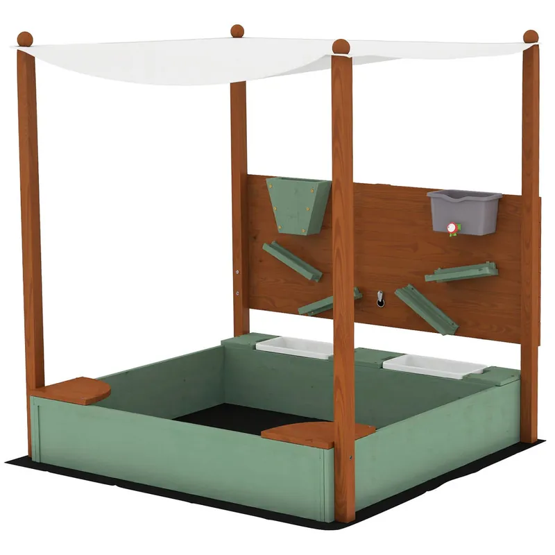 AIYAPLAY Arenero para Niños de Madera con Techo, Arenero Infantil con 2 Asientos, 2 Cajas, Grifo, Embudo, Caja de Arena para Niños de 3-6 Años, para Patio, Jardín, Balcón, 116x112,5x128 cm, Verde