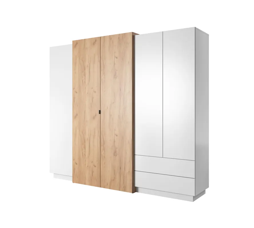 Armario en blanco, dorado con un estilo moderno, mide 202x230x52 cm y tiene 10 estantes, 4 puertas y 2 cajones - Muebles