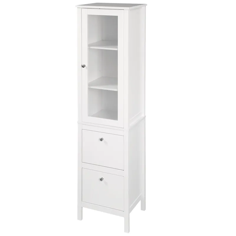 kleankin Armario Alto para Baño Mueble Columna de Baño con 1 Puerta de Cristal Estantes Ajustables y 2 Cajones Multiusos para Salón Cocina 43x35x160 cm Blanco