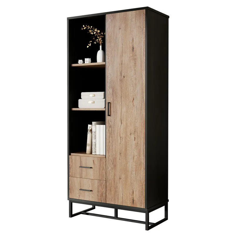 Armario auxiliar de mdf y panel de partículas con 1 puerta y 2 cajónes,negro+natural - Muebles