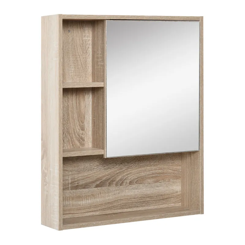 kleankin Armario con Espejo Armario de Baño Montado en Pared con Estante Ajustable en Altura Espacio Interno Estantes Abiertos 60x15x76 cm Grano de Roble