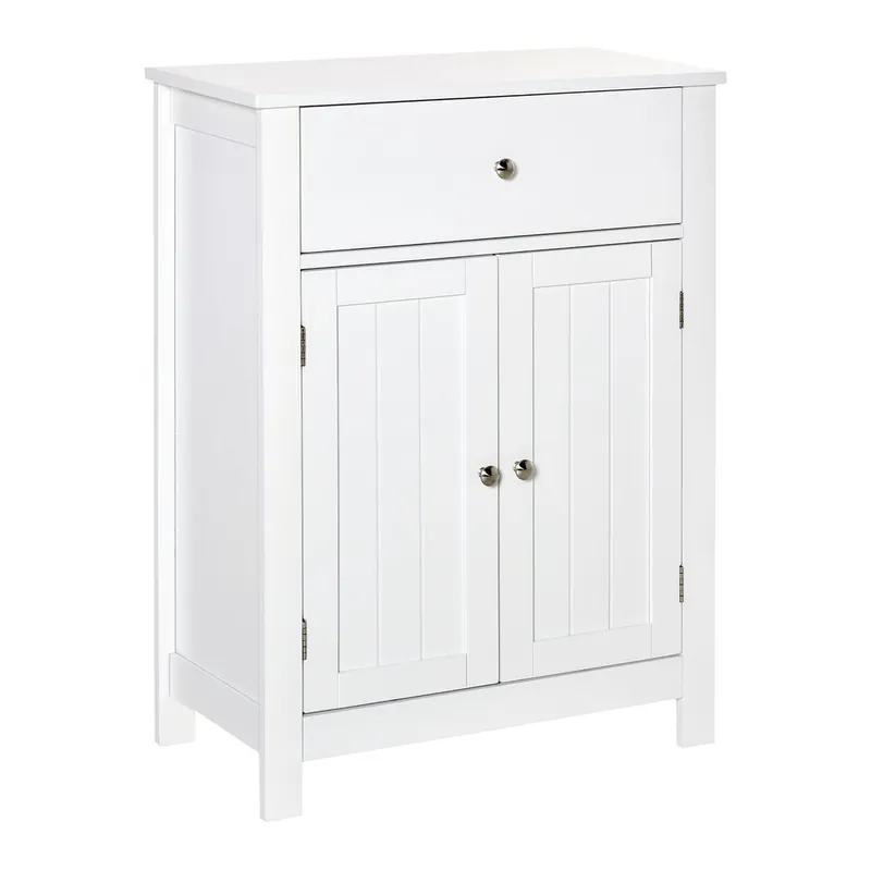 kleankin Armario de Baño con 1 Cajón 2 Puertas y Estante Interior Ajustable Mueble Auxiliar de Almacenaje Multifuncional para Salón Cocina Antivuelco 60x30x80 cm Blanco