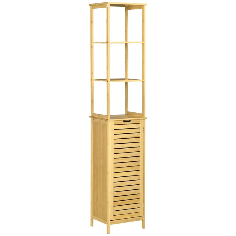 kleankin Estantería de Baño de Bambú Armario Alto para Baño con 3 Estantes y 1 Puerta Mueble Columna de Almacenaje para Salón 34x30x173 cm Natural
