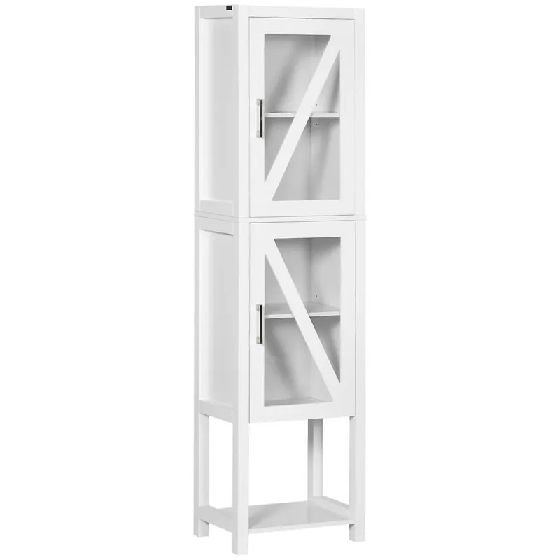 kleankin Columna Auxiliar de Baño Armario Alto de Baño Estantería para Baño con 2 Puertas de Vidrio Estantes Ajustables y Estante de Almacenamiento 45x30x170 cm Blanco