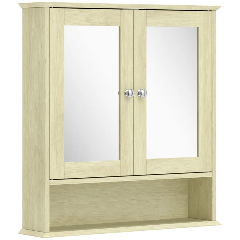 kleankin Armario de Baño con Espejo, Armario de Pared con 2 Puertas, Estante Abierto, Estante Ajustable, Mueble de Baño Colgar para Cocina, Salón, 56x13x58 cm, Natural