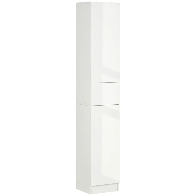 kleankin Armario Alto de Baño con 1 Cajón y 5 Estantes Abiertos Columna Auxiliar de Baño para Salón Aseo Dormitorio Estilo Moderno 30x28x170 cm Blanco Brillo