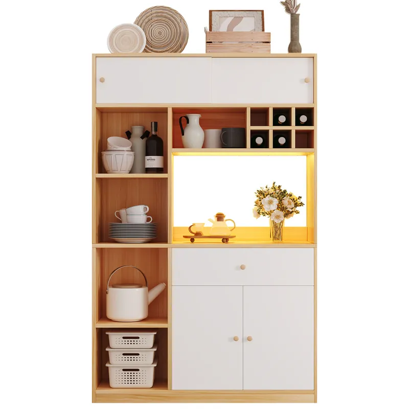 Armario de cocina de panel de partículas con 4 puertas,1 cajón y luz led,natural+blanco - Muebles