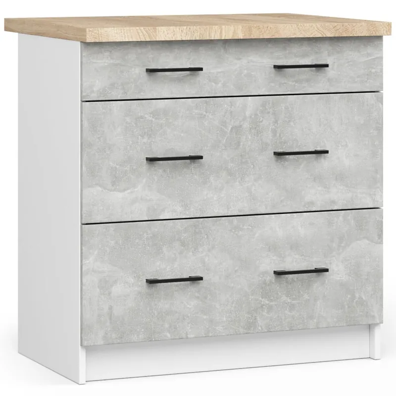 Armario de cocina AKORD S80 con encimera OLIWIA Blanco 80 cm 3 cajones frente en color Gris Hormigón 80x46x85 cm - Muebles