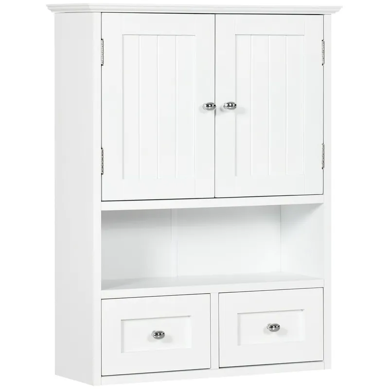 kleankin Armario de Baño de Pared, Armario Colgante, Mueble Suspendido de Baño, 2 Puertas con Cierre Magnético, 2 Cajones y Estante Abierto, para Cocina, Lavadero, 50,8x17,8x66 cm, Blanco