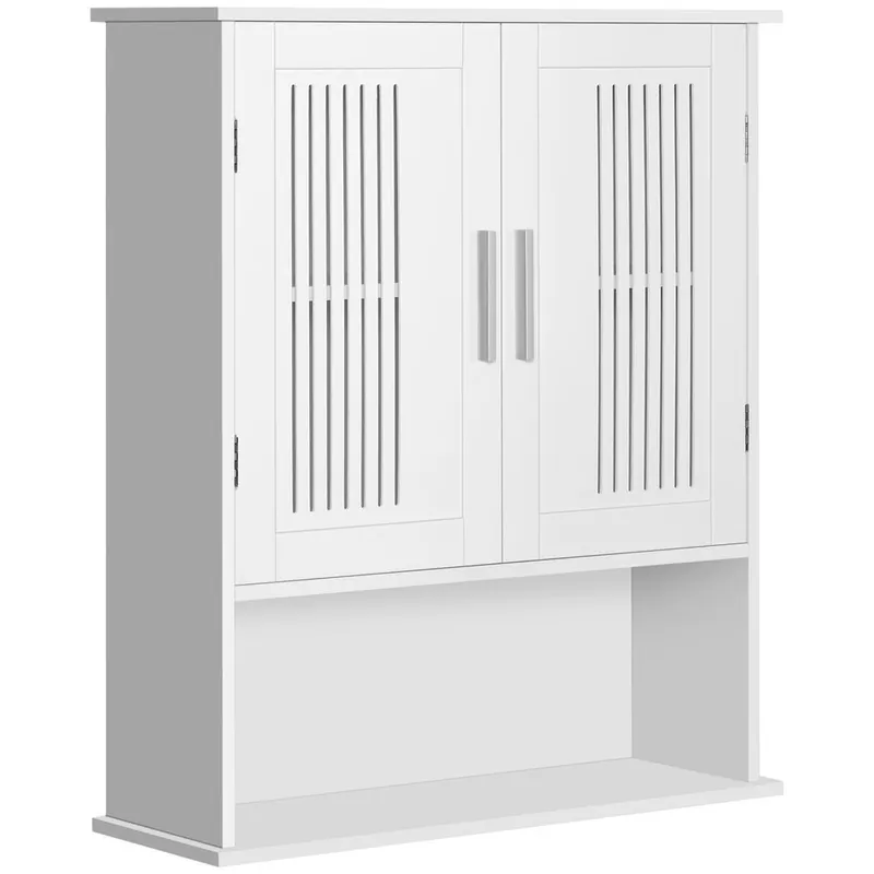kleankin Armario de Pared para Baño Multiusos Mueble de Baño Suspendido Armario Colgante de Almacenamiento con 2 Puertas de Listones Estante Ajustable y Compartimento 60x20x70 cm Blanco