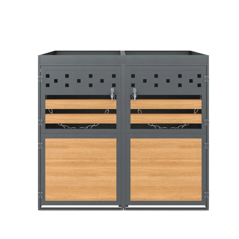 Caja para cubos de basura 2 unidades 120-240 L - Con techo de plantas, puerta efecto madera, opción de ampliación - Gris y Natural