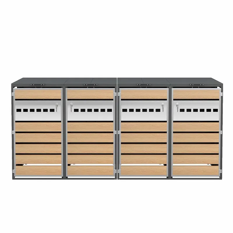 Caja para basuras con tapa abatible - Compartimentos de almacenamiento, cerrable, cuatro puertas, bloques horizontales de vetas de madera - Gris, Madera