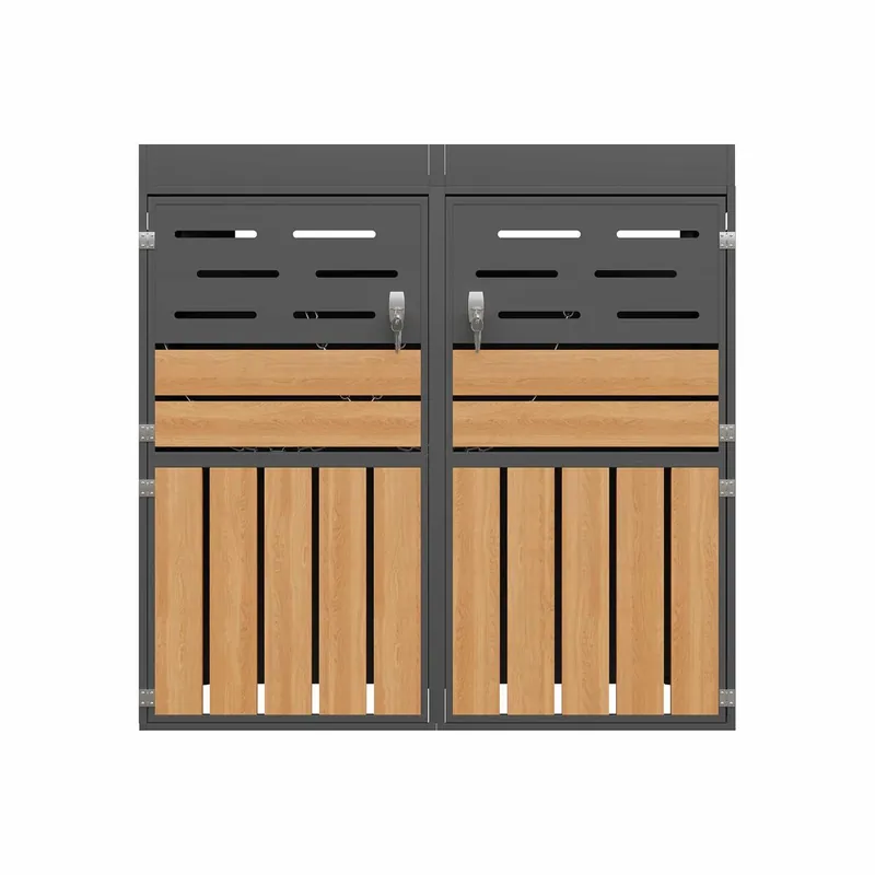 Armario exterior multifuncional - 2 compartimentos - con plantador integrado, ventilación de lamas, estructura de acero galvanizado y cadena de seguridad - gris