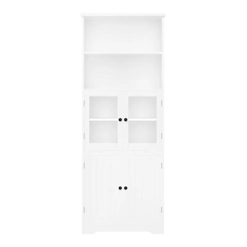 Armario de baño alto 57.4x28.5x160 cm - Con puertas de vidrio y madera, estantes ajustables - Gris