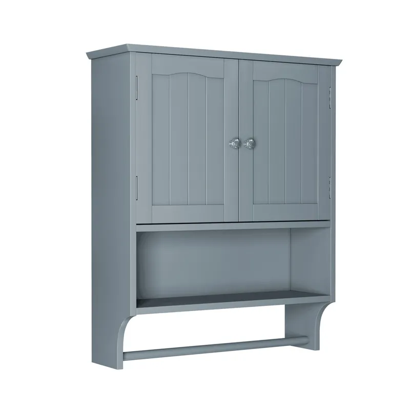Armario de pared baño - 2 puertas con estantes abiertos y toallero - Gris claro
