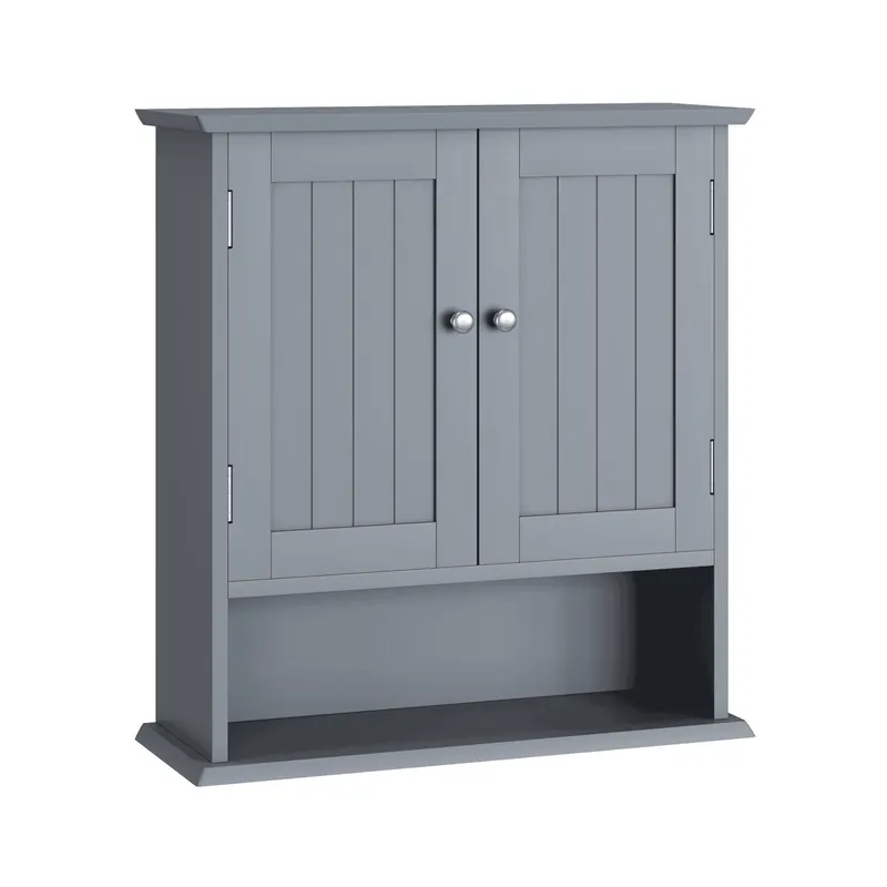Armario de baño 2 puertas - estantes abiertos, mueble medicinas pared - gris claro
