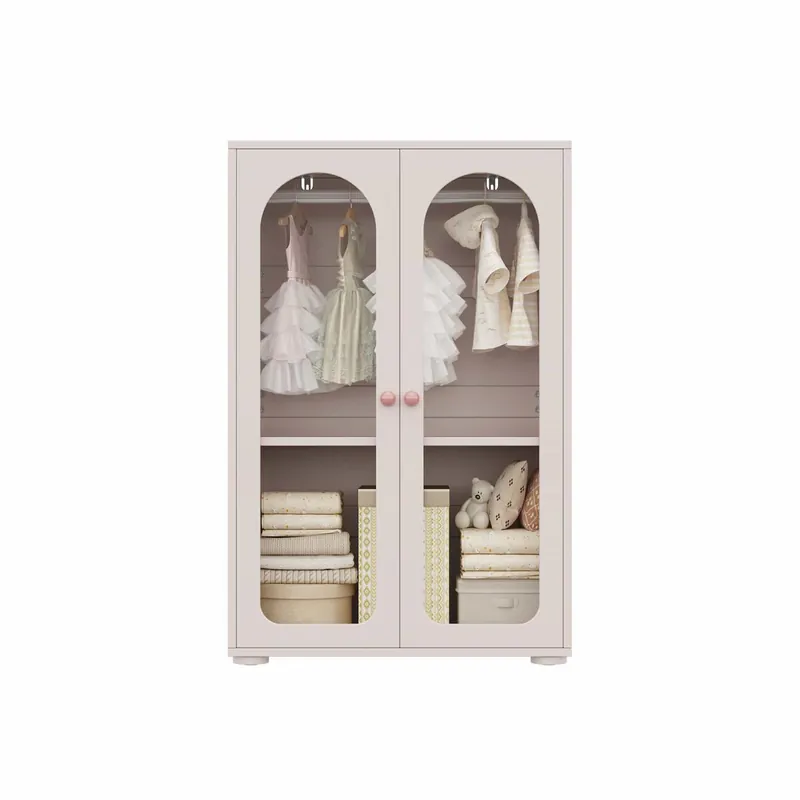 Armario de 2 puertas 80×50×120 cm - armario lacado con barra para ropa, puertas transparentes de acrílico, tiradores de cerámica - rosa bebé