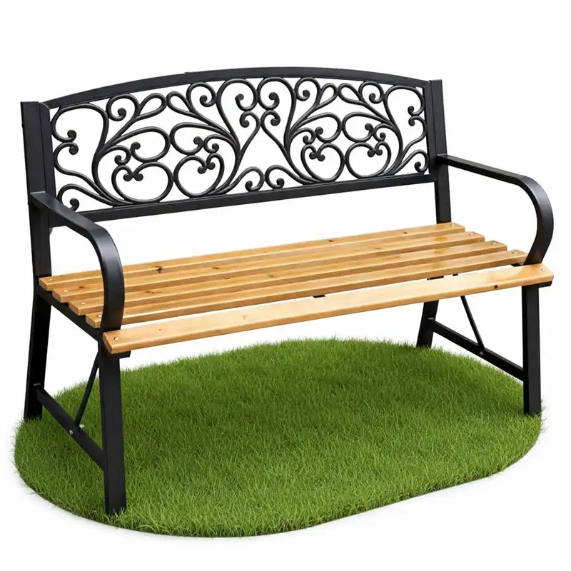 Banco de jardín NERINA Negro con madera lacada y patas de hierro fundido, 118 cm de ancho