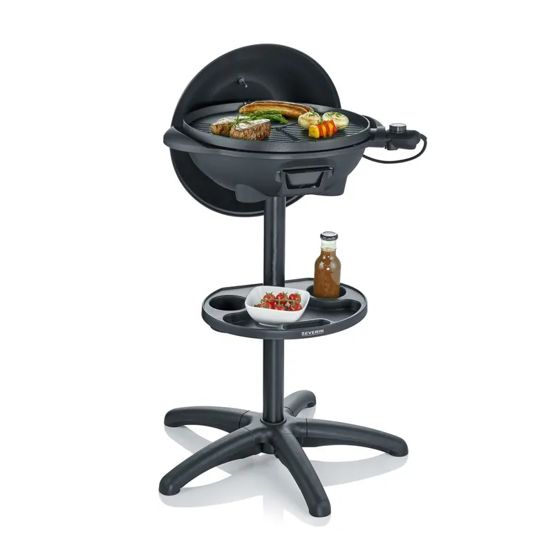 SEVERIN Barbacoa eléctrica de pie con tapa, parrilla eléctrica de gran capacidad con termómetro, cortavientos y estante, mini barbacoa con superficie lisa y estriada, PG 8541 - Electrodomésticos