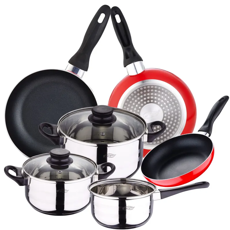 Batería de cocina 5 piezas acero inoxidable y set 3pcs sartenes 16x20x24 rojo, aluminio prensado, inducción