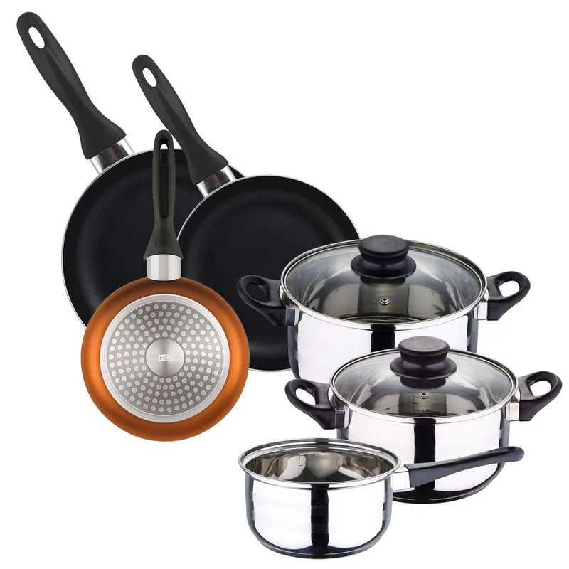 Batería de cocina 5pc acero inoxidable + Set 3 sartenes Ø16Ø20Ø24 Aluminio, bronce metalizado