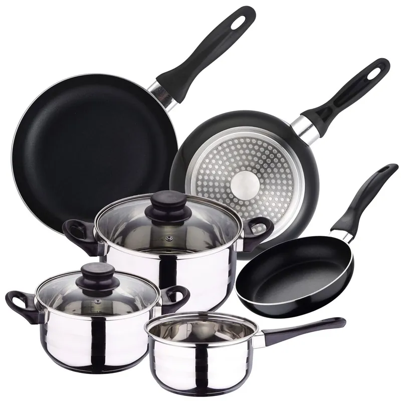 Batería de cocina 5pc acero inox + Set 3 sartenes Ø16Ø20Ø24 alu prensado