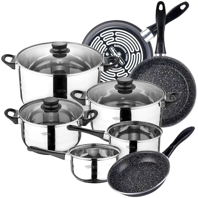 Bateria de cocina 8 piezas SAN IGNACIO Toledo de acero inoxidable con juego de sartenes (18x20x24 cm) MAGEFESA K2 Gransasso en acero esmaltado