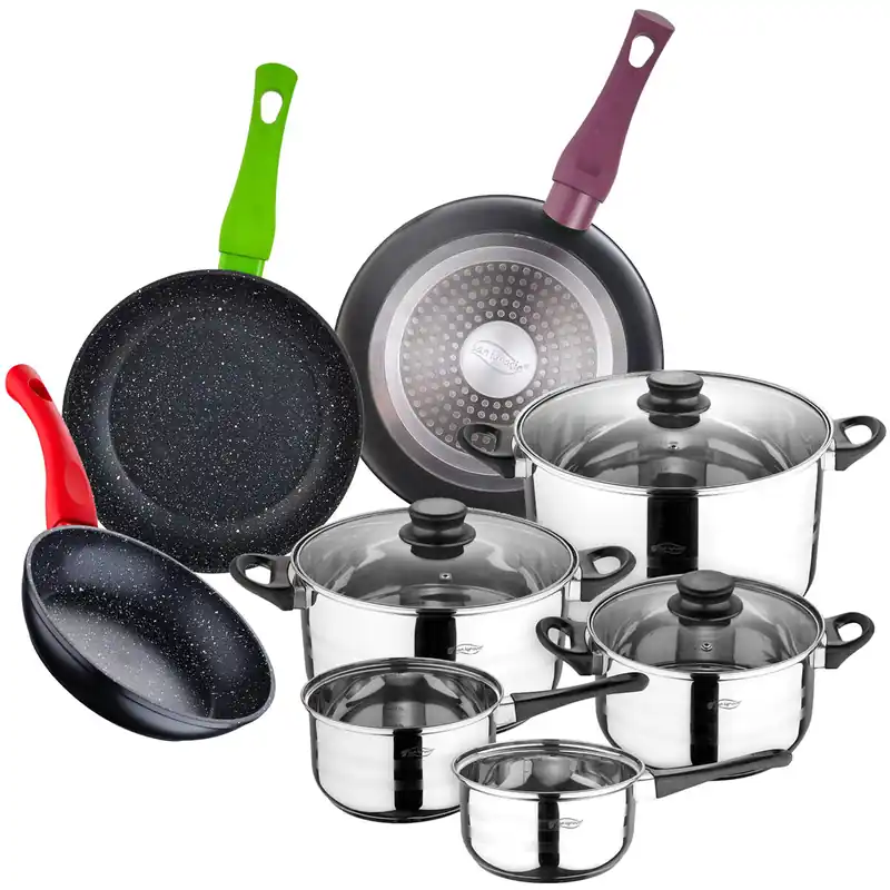 Bateria de cocina 8 piezas SAN IGNACIO en acero inoxidable con juego de sartenes (18,22 y 26 cm) en aluminio prensado colección Jolie