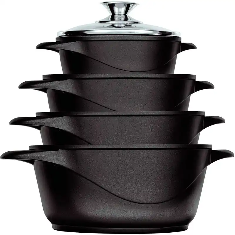 Briebe MGK-12 Batería de Cocina Inducción 8 Piezas Aluminio Fundido 4 Ollas con Tapa de Cristal Antiadherente, , Negro