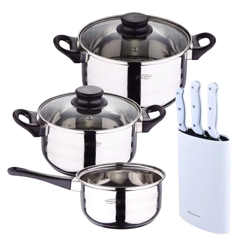 Set de baterías de cocina Toledo 5pc aptas para inducción+ Bergner NATURALLY Juego de 3 Cuchillos de acero inoxidable + Tacoma en color Blanco