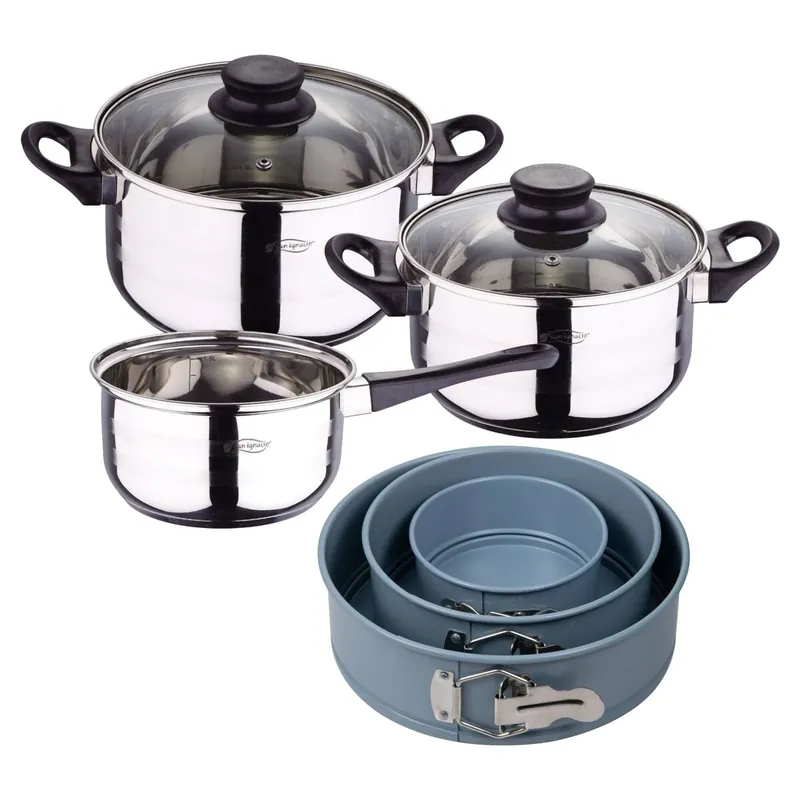 Set de baterías de cocina Toledo 5pc aptas para inducción+ Juego de 3 moldes de horno redondos Ø12Ø18Ø22cm NOIA San Ignacio