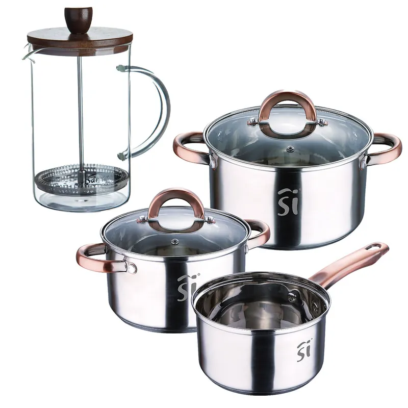 Bateria 5pc acero inoxidable Ø16Ø18Ø20, aptas para inducción+ Cafetera de émbolo de vidrio borosilicato 15,8x10x18,8cm NOIA San Ignacio - Cocina