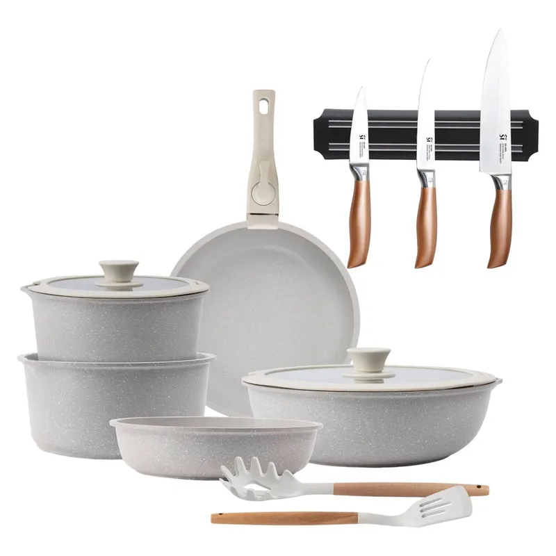 Batería de cocina 10 Pzs Beige/Mango extraíble,3 Sartenes,2 Cazos,Tapas y Utensilios+Set de 3 Cuchillos en acero inoxidable con Soporte magnético