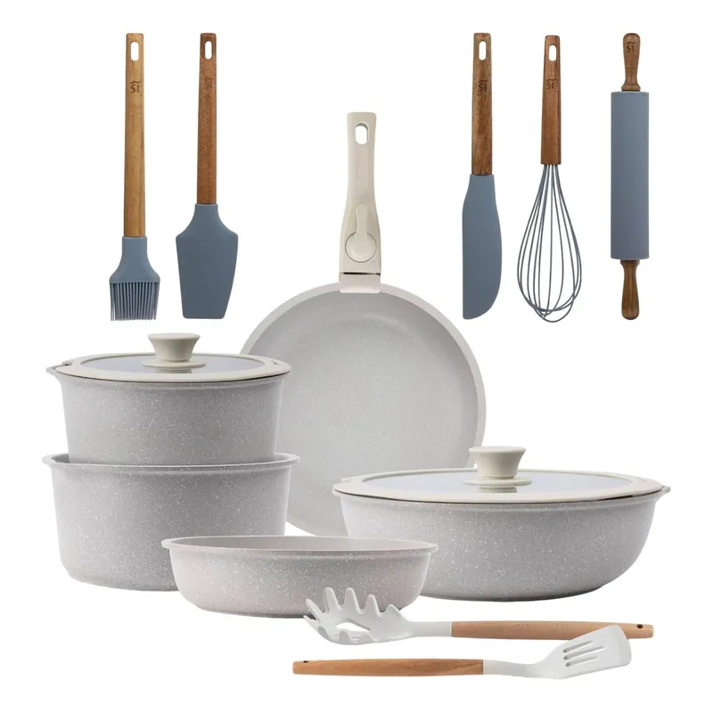 Batería de cocina 10 Pzs Beige/Mango extraíble,3 Sartenes,2 Cazos,Tapas y Utensilios+ Set de 5 Utensilios de Cocina de Silicona y Madera