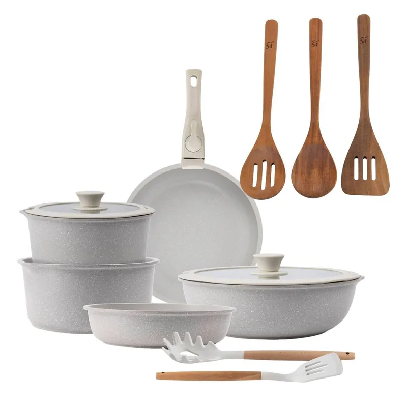 Batería de cocina 10 Pzs Beige/Mango extraíble,3 Sartenes,2 Cazos,Tapas y Utensilios+ San Ignacio AGROS Set 3pc utensilios cocina