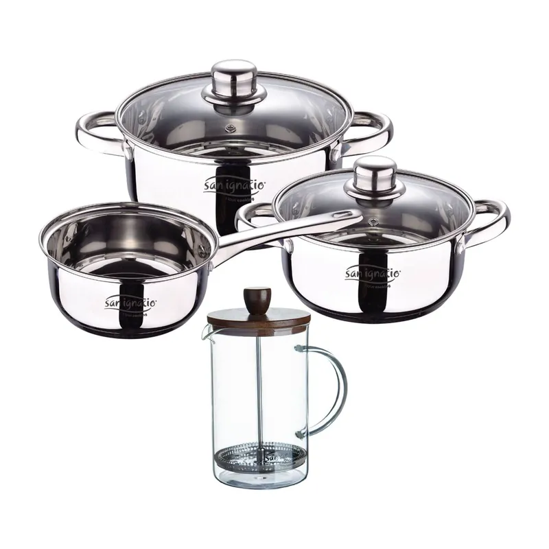 Bateria 5pcs acero inoxidable: cazo Ø16x7,5 Cacerolas de Ø18x8,5 y Ø20x9,5 cms., inducción+ Cafetera de vidrio borosilicato 15,8x10x18,8cm - Cocina