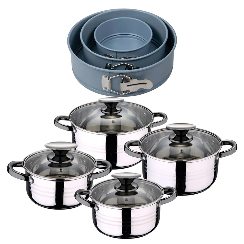 Bateria 8pc acero inoxidable apta para inducción Colección San Ignacio Premium + Juego de 3 moldes de horno redondos Ø12Ø18Ø22cm NOIA San Ignacio - Cocina