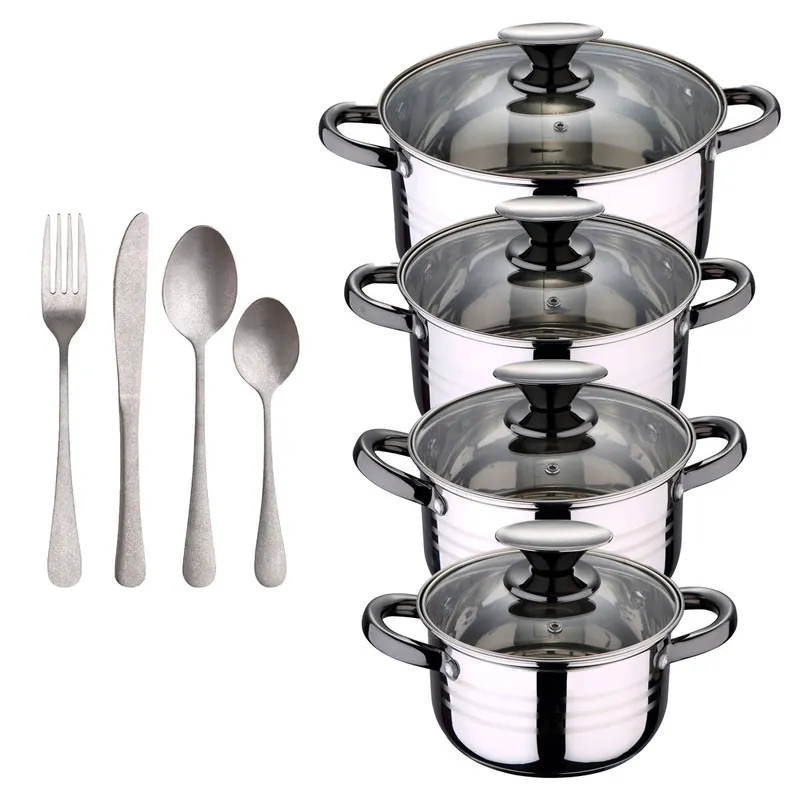Bateria 8pc acero inoxidable apta para inducción Colección San Ignacio Premium + Set de 16 Cubiertos en Acero Inoxidable NOIA San Ignacio - Cocina
