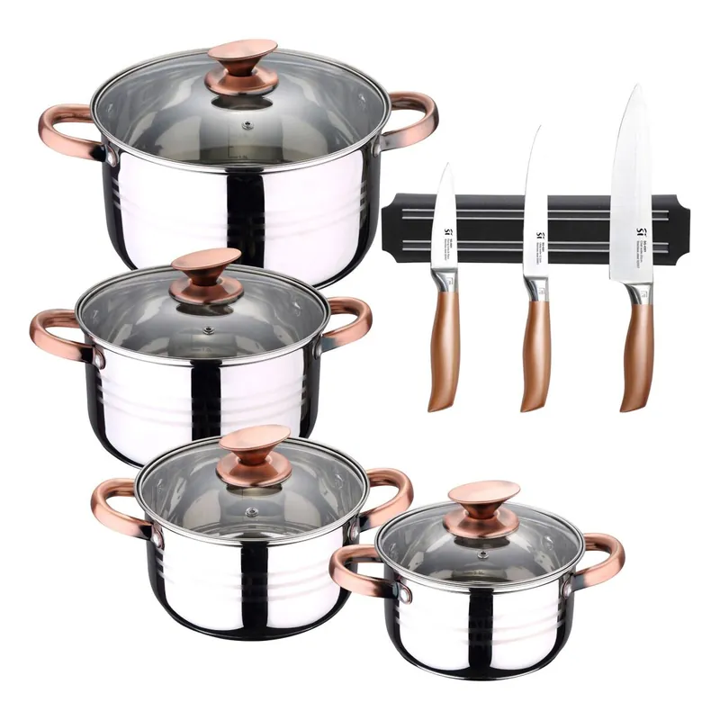 Bateria 8pc acero inoxidable apta para inducción Colección San Ignacio Premium +Set de 3 Cuchillos en acero inoxidable con Soporte magnético - Cocina