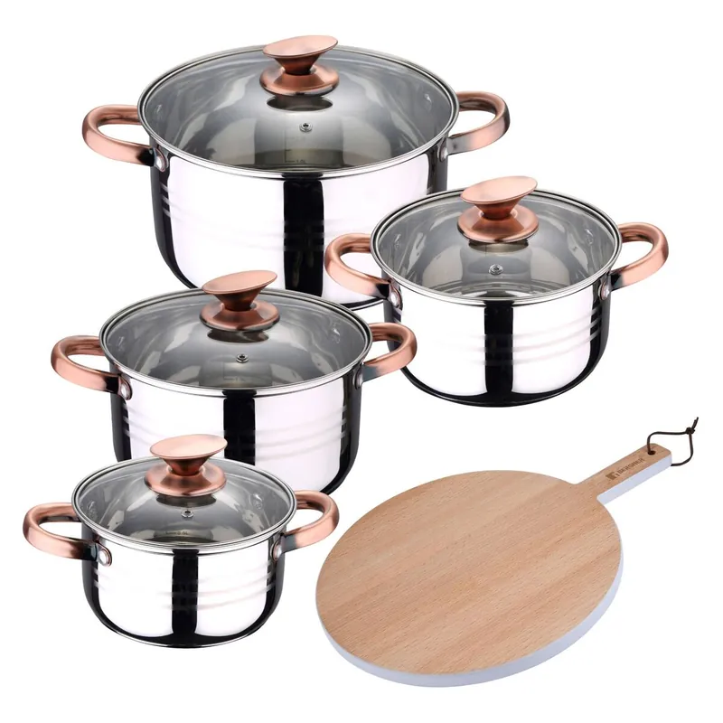 Bateria 8pc acero inoxidable apta para inducción Colección San Ignacio Premium +Tabla de corte Redonda de 38x28x1,5cm en madera de haya - Cocina