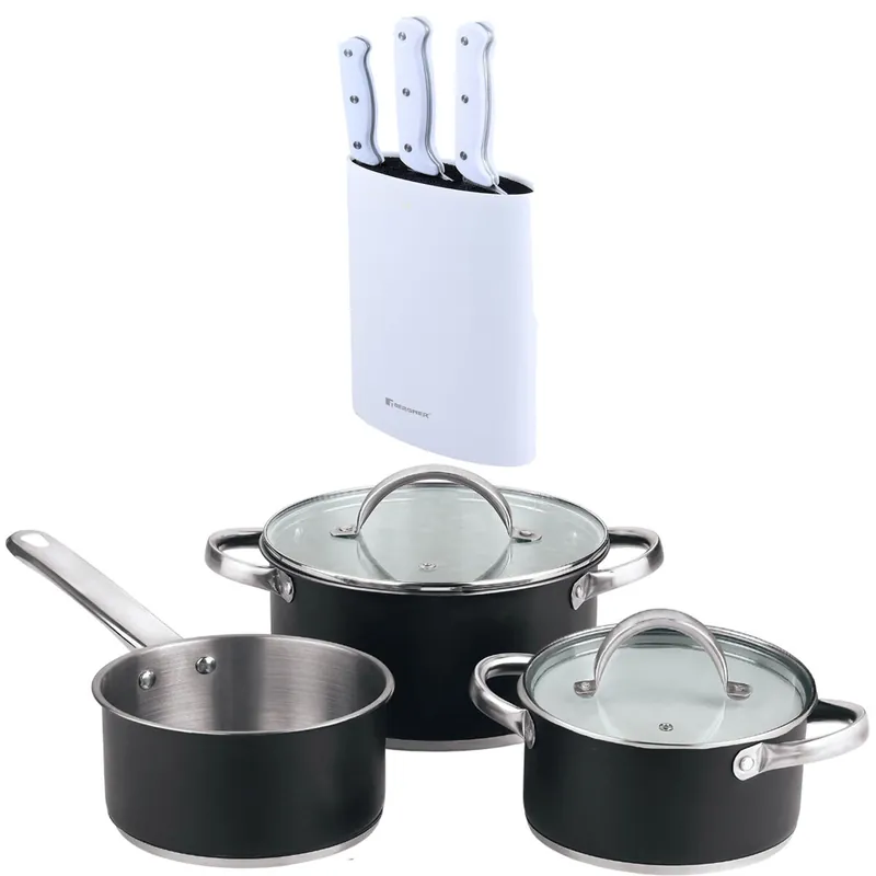 Bateria de cocina 5 pzs (2 cacerolas c/tapa + cazo) acero c/revestimineto+ Bergner NATURALLY Set de 3 Cuchillos con Tacoma en Acero inoxidable