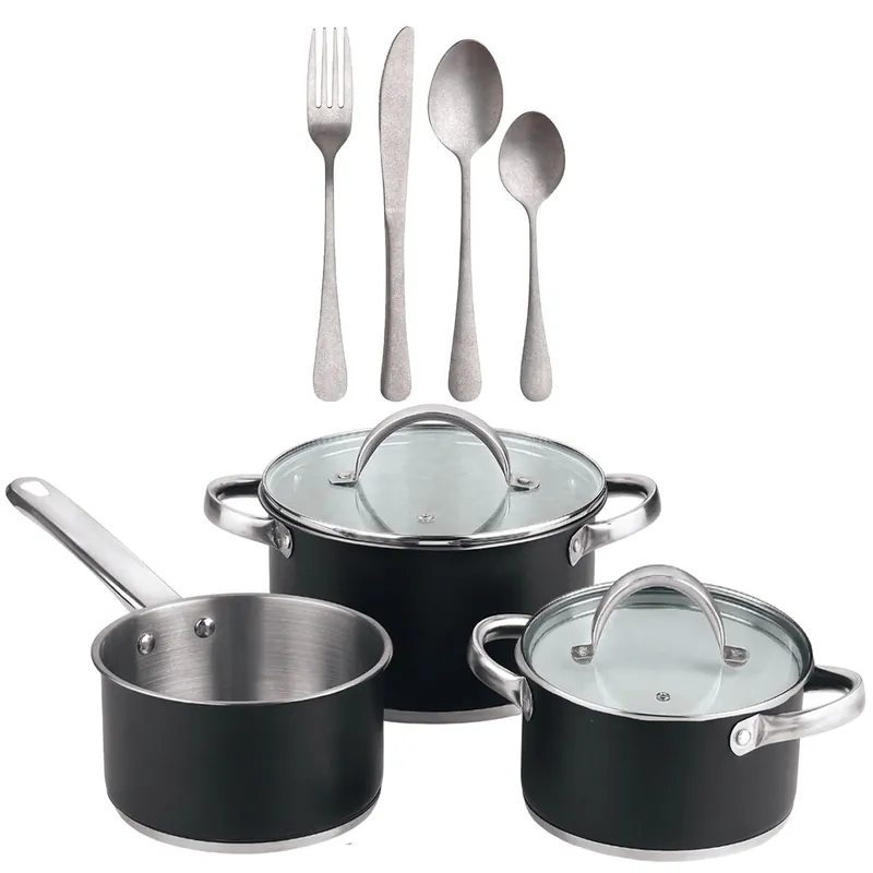 Bateria de cocina 5 pzs (2 cacerolas c/tapa + cazo) acero c/revestimineto+ Set de 16 Cubiertos en Acero Inoxidable NOIA San Ignacio