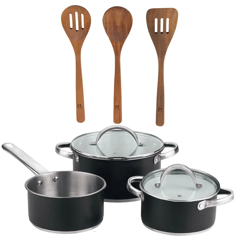 Bateria de cocina 5 pzs (2 cacerolas c/tapa + cazo) acero c/revestimineto+ San Ignacio AGROS Set 3pc utensilios cocina madera acacia