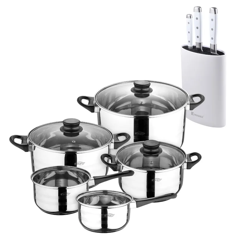 Batería de cocina de ocho piezas San Ignacio+ Bergner NATURALLY Juego de 3 Cuchillos de acero inoxidable + Tacoma en color Blanco