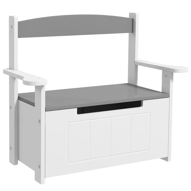 AIYAPLAY Baúl para Juguetes Infantil, Banco Almacenaje para Niños, con Respaldo y Tapa Amortiguadora, Carga 30 kg, para Salas de Juego, Dormitorio, 68,5x34x58 cm, Gris y Blanco - Muebles