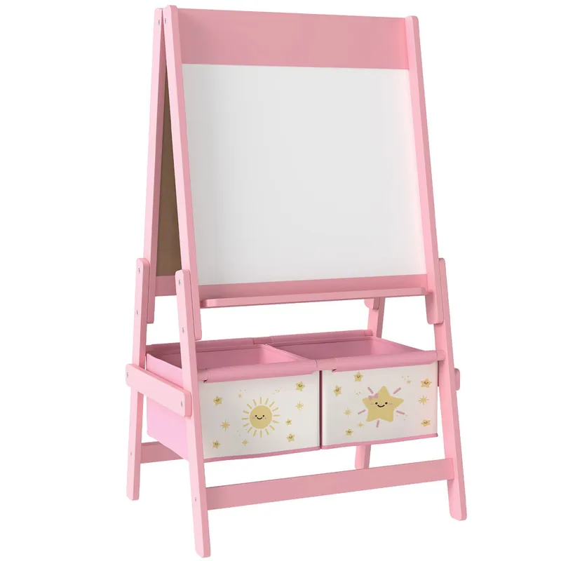 AIYAPLAY Pizarra Infantil Caballete 3 en 1 Pizarra Infantil de Doble Cara Caballete de Pintura para Niños de +3 Años con Rollo de Papel y Cestas de Almacenamiento 54x46x94 cm Rosa - Jardín
