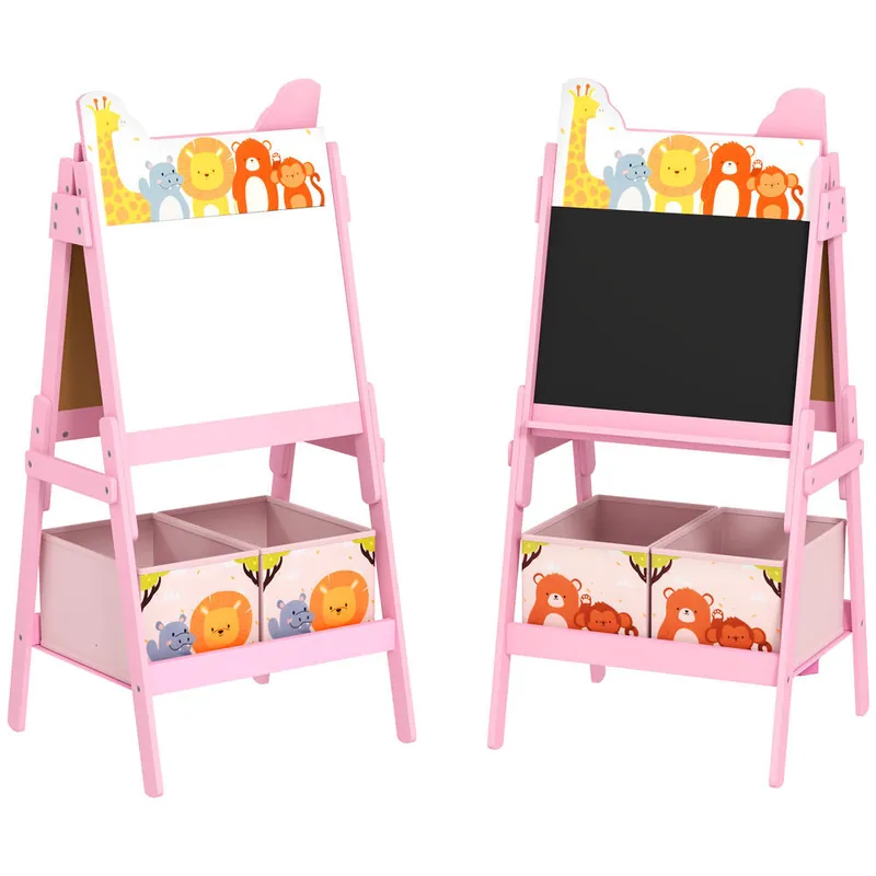 AIYAPLAY Pizarra Infantil Caballete 2 en 1 Doble Cara con Pizarra Blanca 2 Cestas de Almacenamiento Caballete Pintura Niños con Estampado de Animales 53,5x49x113 cm Rosa - Jardín